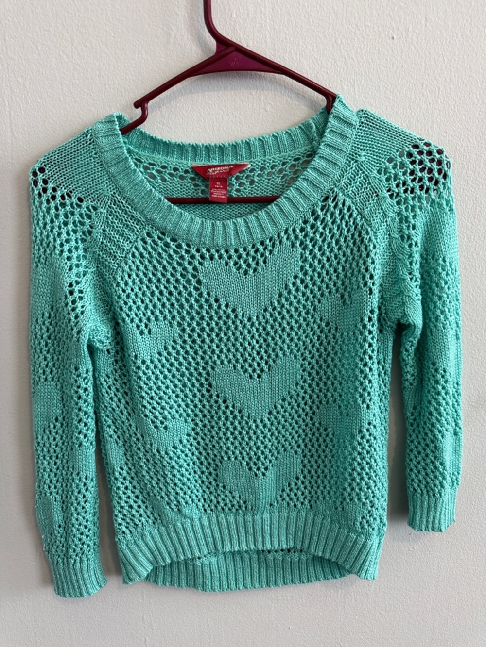 Arizona Jean Company Mint Open-Knit Heart Crewneck Sweater